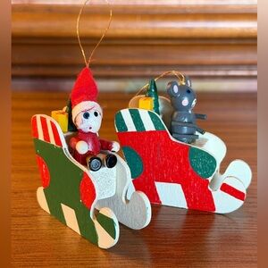 Vintage Wooden Sled Sleigh Santa & Mouse Christmas Ornaments 2”